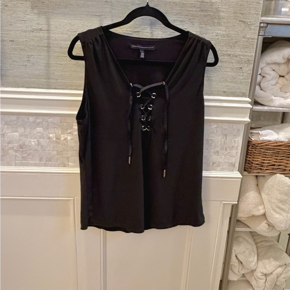 Large White House Black Market Black Lace-Up matte jersey Tank Top